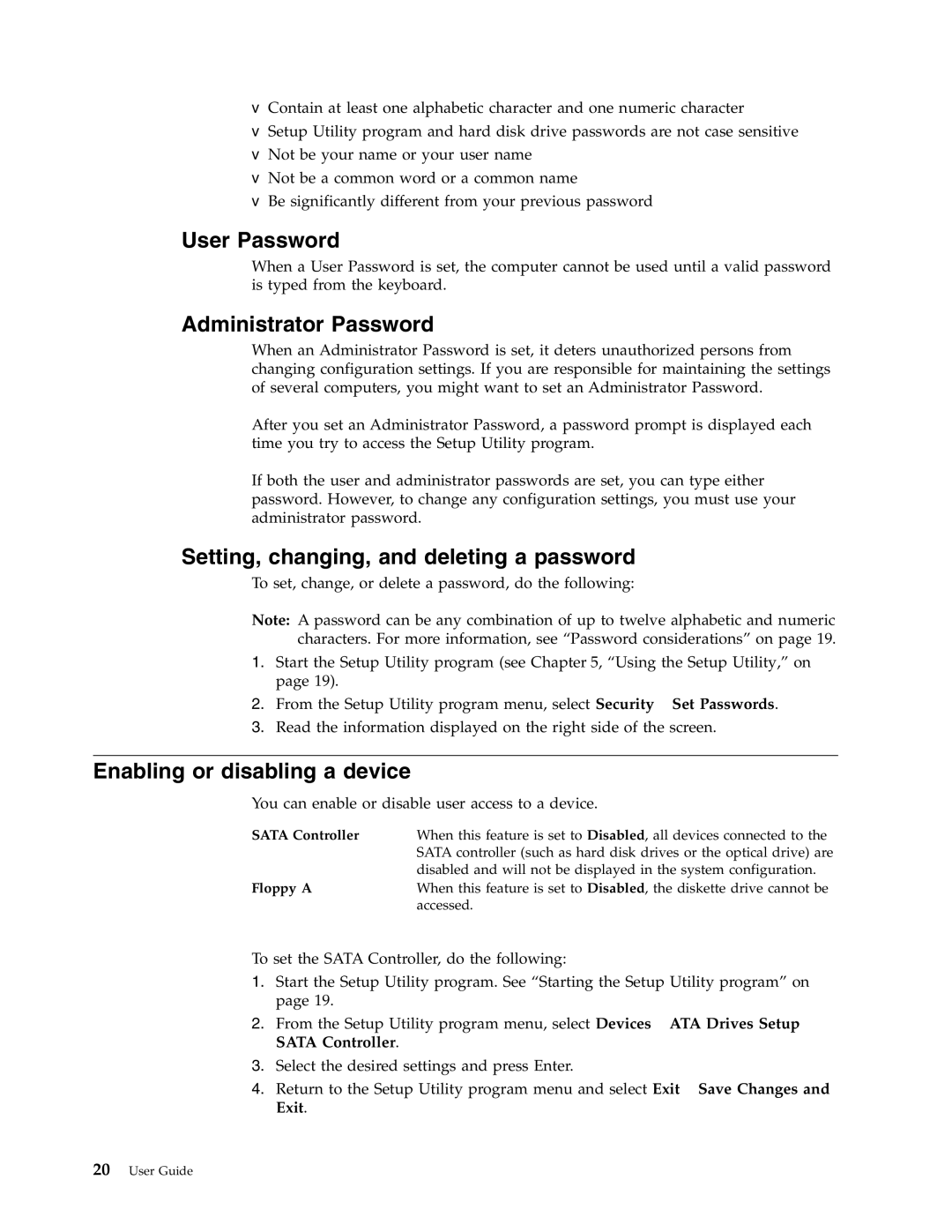 Lenovo 6306 manual User Password, Administrator Password, Setting, changing, and deleting a password 