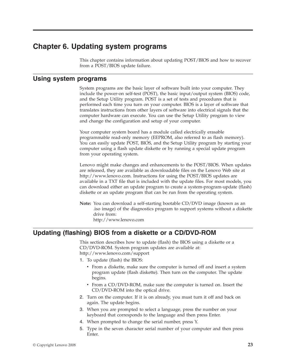 Lenovo 6306 manual Updating system programs, Using system programs, Updating flashing Bios from a diskette or a CD/DVD-ROM 