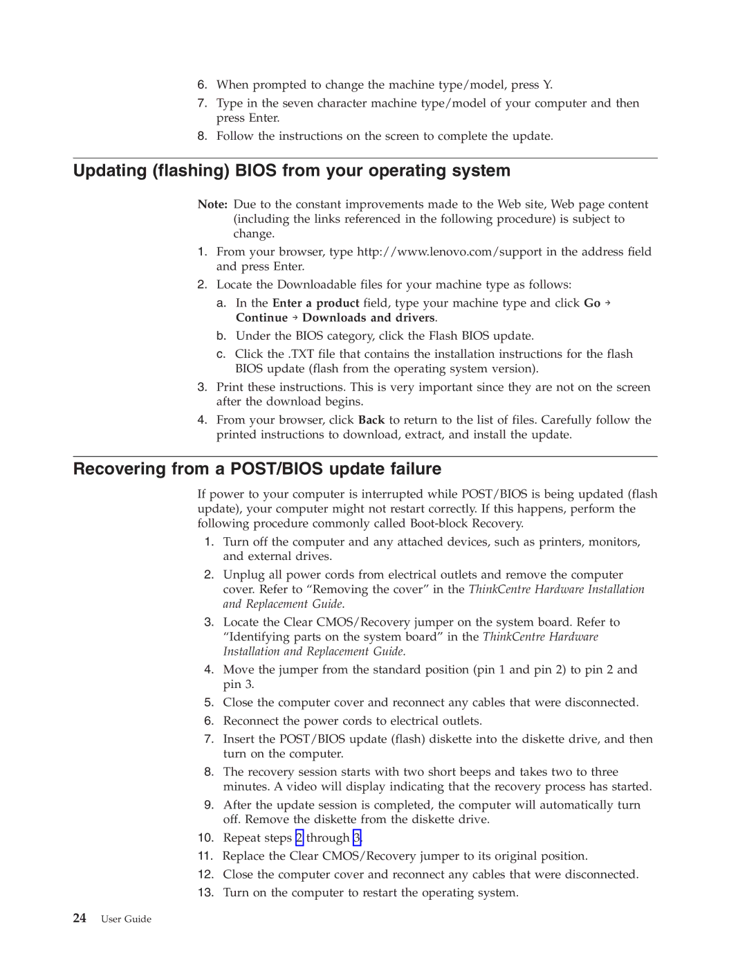 Lenovo 6306 manual Updating flashing Bios from your operating system, Recovering from a POST/BIOS update failure 