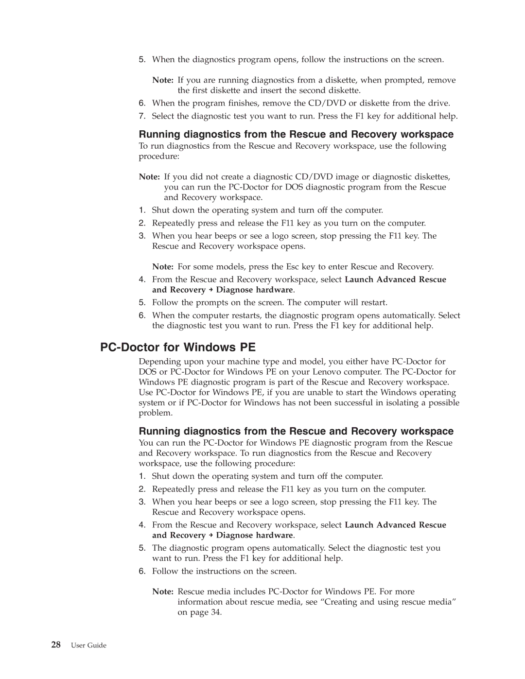 Lenovo 6306 manual PC-Doctor for Windows PE, Running diagnostics from the Rescue and Recovery workspace 