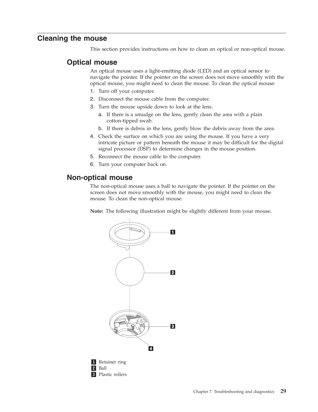 Lenovo 6306 manual Cleaning the mouse, Optical mouse, Non-optical mouse 