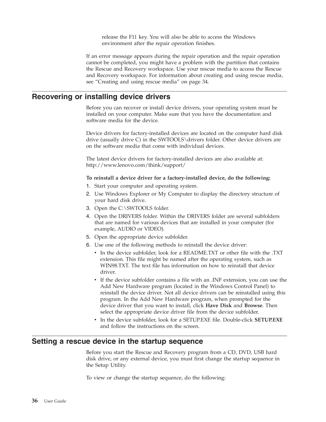 Lenovo 6306 manual Recovering or installing device drivers, Setting a rescue device in the startup sequence 