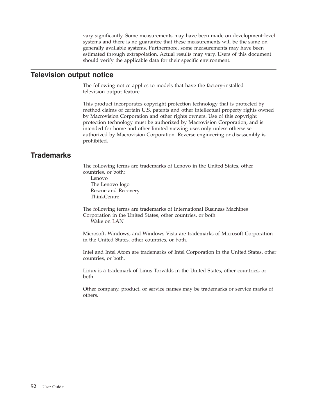 Lenovo 6306 manual Television output notice, Trademarks 