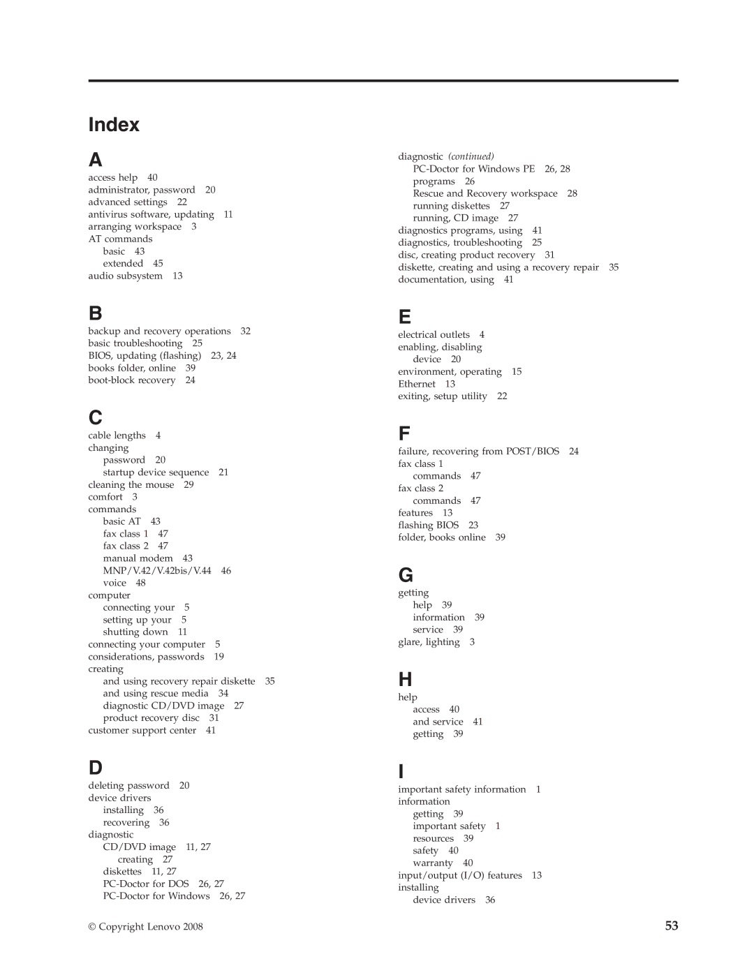 Lenovo 6306 manual Index 