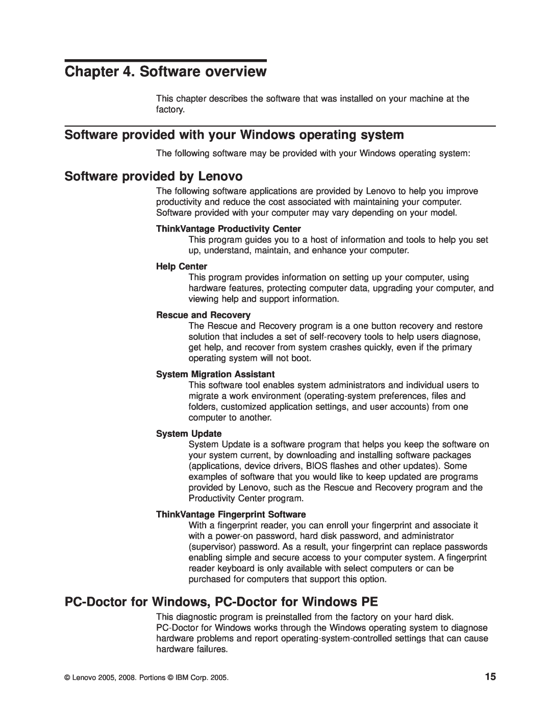 Lenovo 6397 Software overview, Software provided by Lenovo, PC-Doctorfor Windows, PC-Doctorfor Windows PE, Help Center 