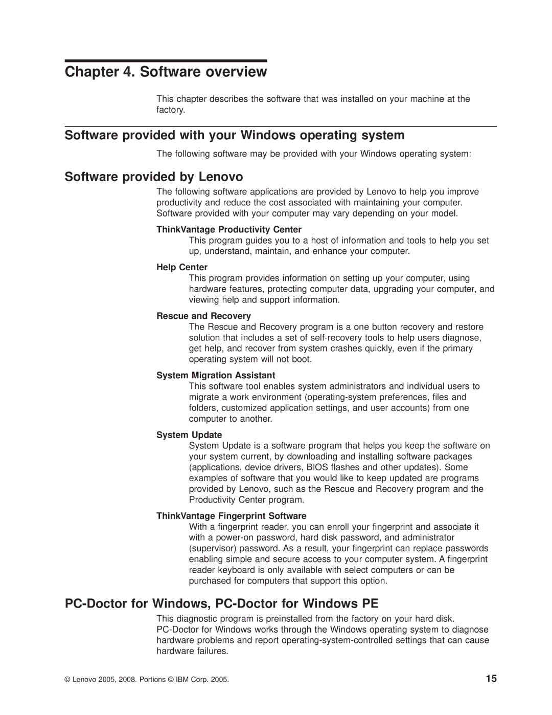 Lenovo 6397, 6395 Software overview, Software provided with your Windows operating system, Software provided by Lenovo 