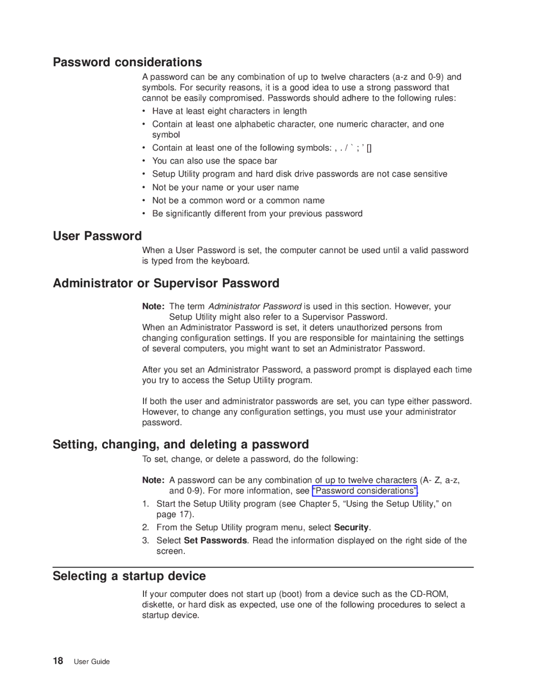 Lenovo 6394, 6395 Password considerations, User Password, Administrator or Supervisor Password, Selecting a startup device 