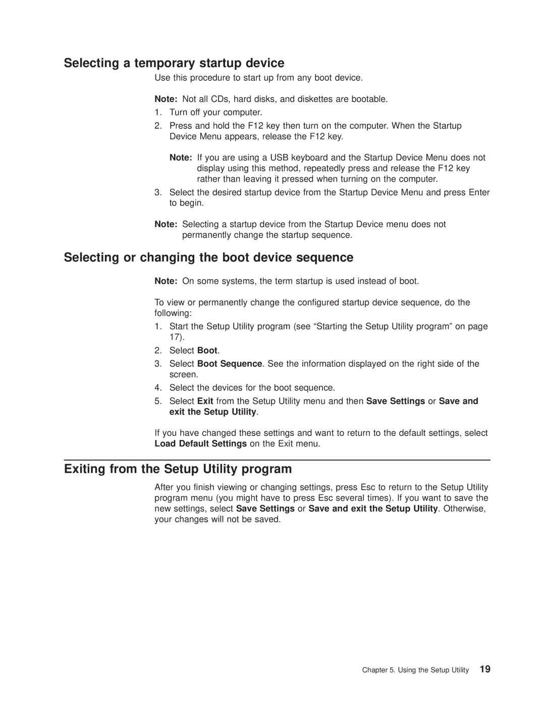 Lenovo 6393, 6395, 6394, 6397, 6396 manual Selecting a temporary startup device, Selecting or changing the boot device sequence 