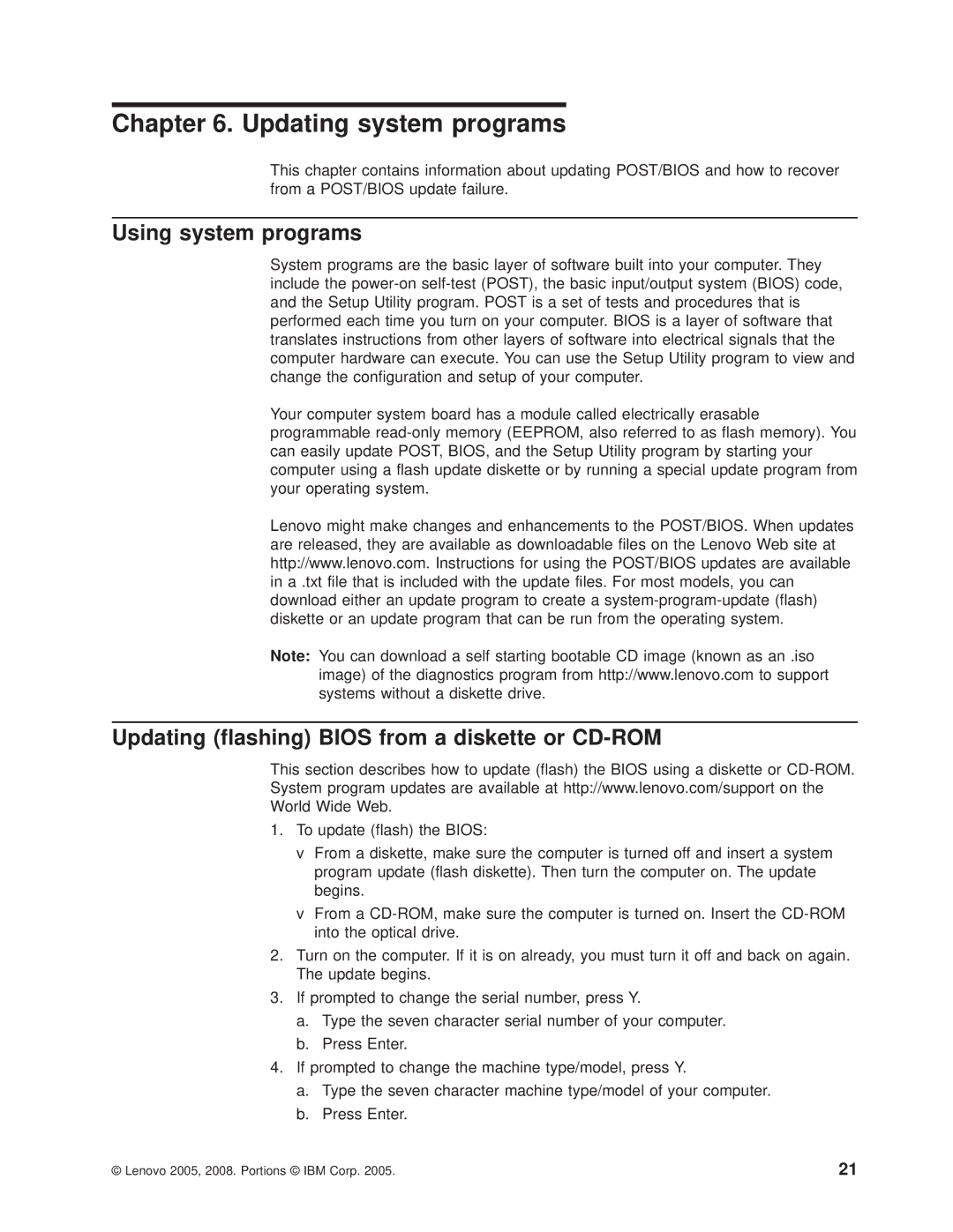 Lenovo 6396, 6395, 6394 Updating system programs, Using system programs, Updating flashing Bios from a diskette or CD-ROM 