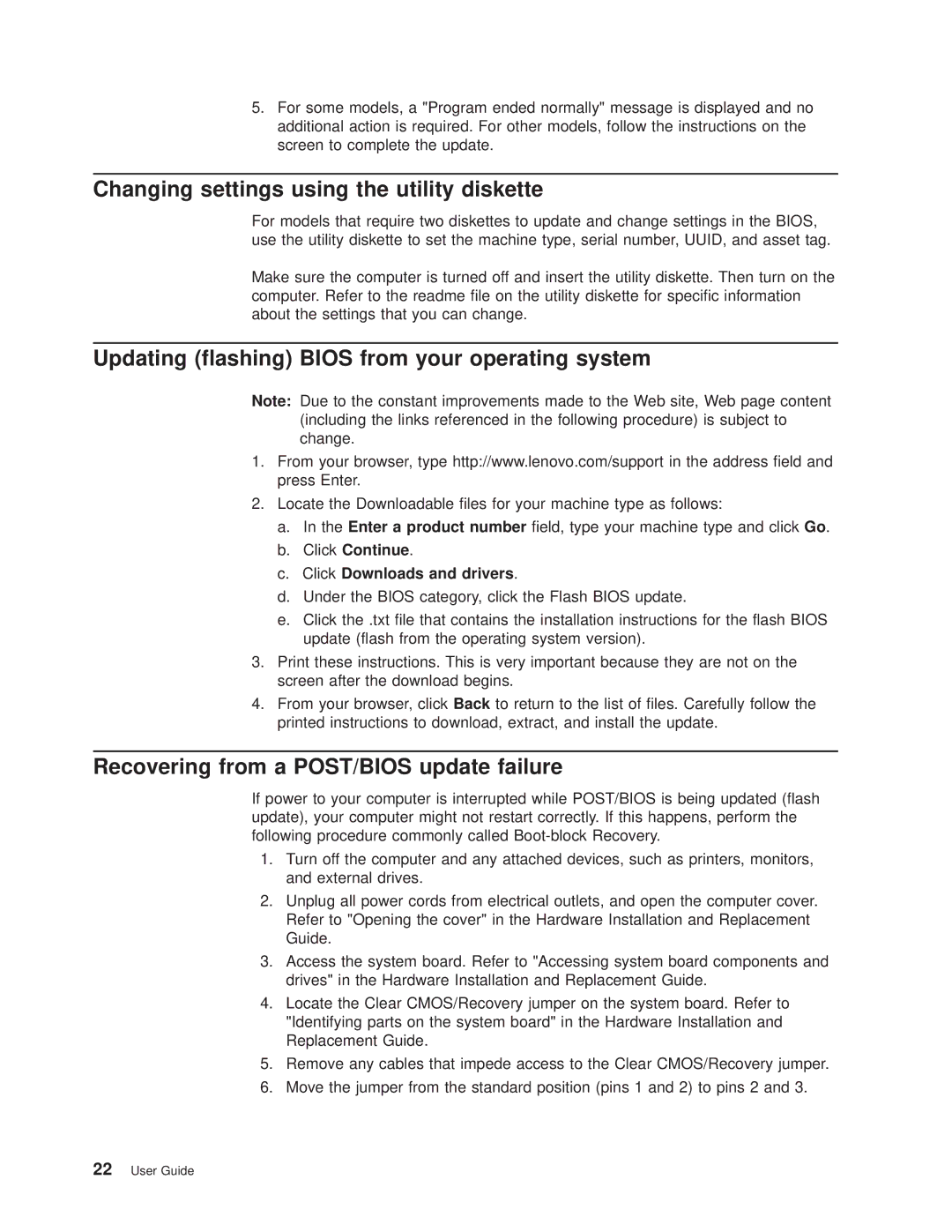 Lenovo 6395, 6394, 6393 Changing settings using the utility diskette, Updating flashing Bios from your operating system 