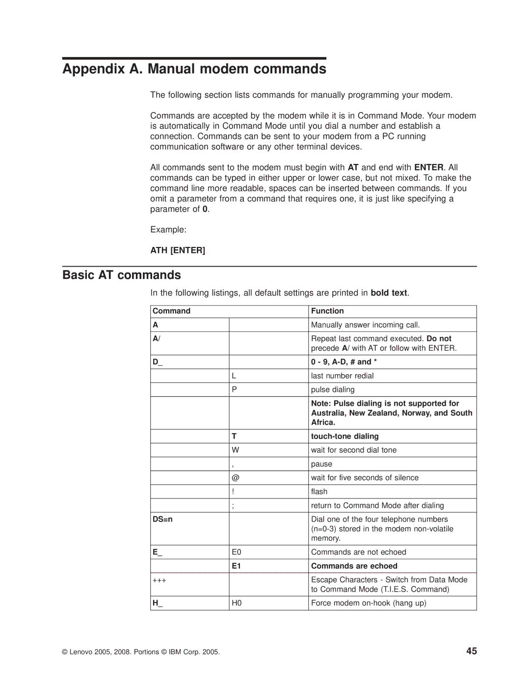 Lenovo 6397, 6395, 6394, 6393, 6396 manual Appendix A. Manual modem commands, Basic AT commands 