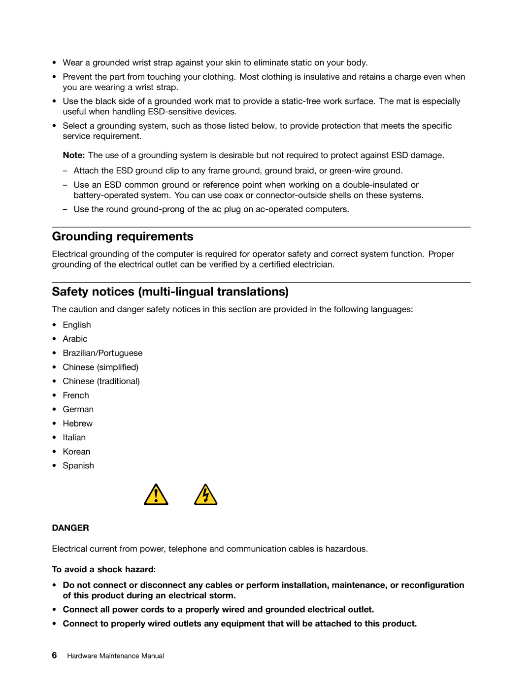 Lenovo 6393, 6395, 6394, 6397, 6396 manual Grounding requirements, Safety notices multi-lingual translations 