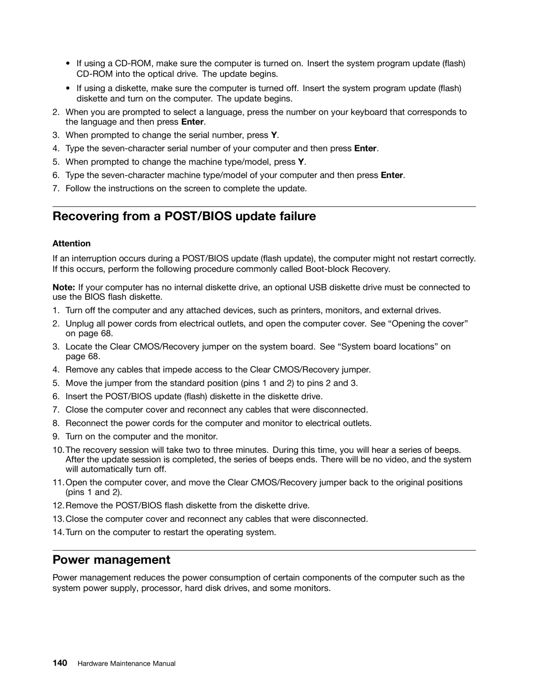 Lenovo 6394, 6395, 6393, 6397, 6396 manual Recovering from a POST/BIOS update failure, Power management 