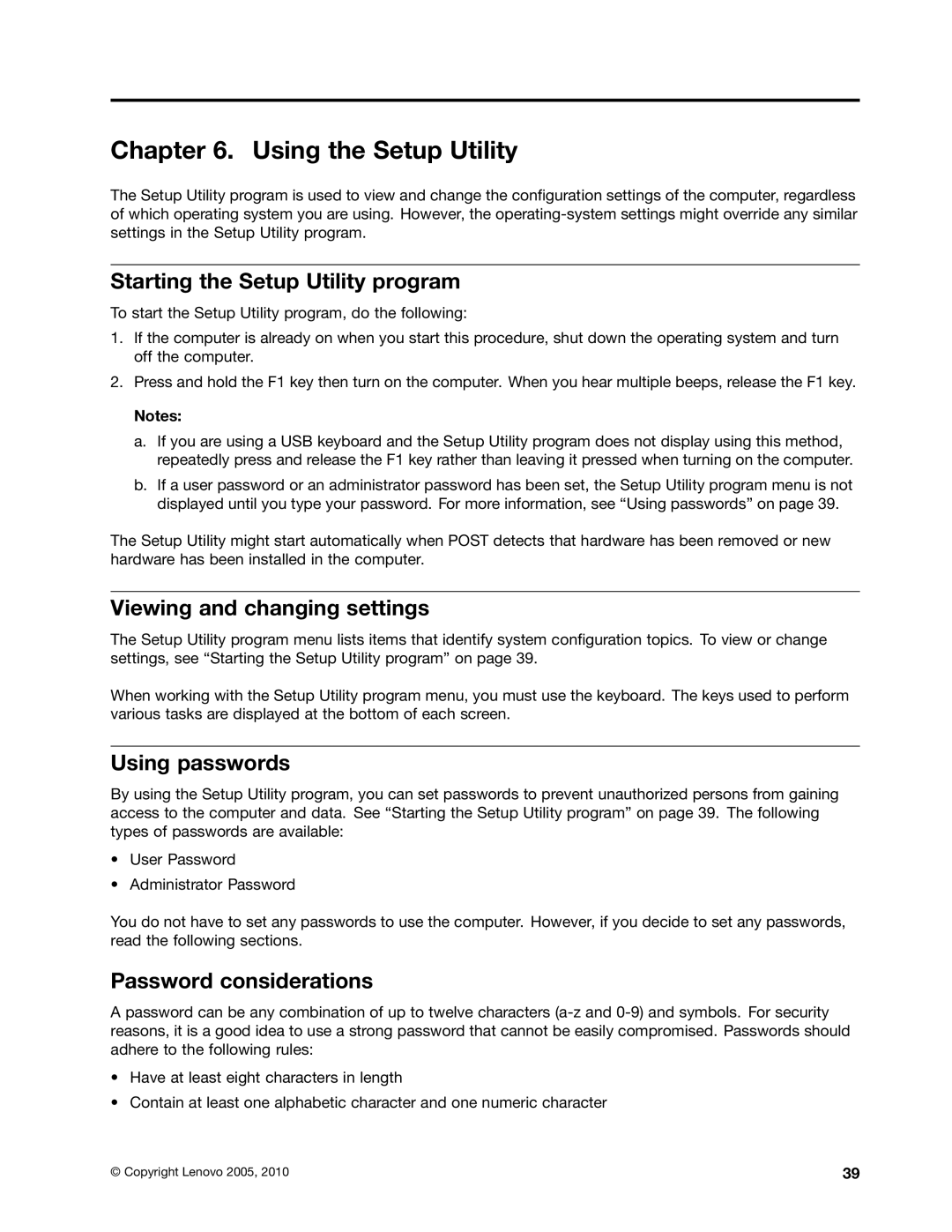 Lenovo 6395 Using the Setup Utility, Starting the Setup Utility program, Viewing and changing settings, Using passwords 