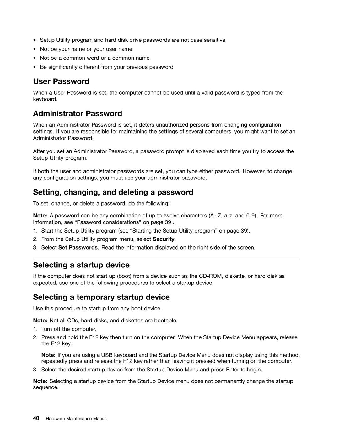 Lenovo 6394 User Password, Administrator Password, Setting, changing, and deleting a password, Selecting a startup device 