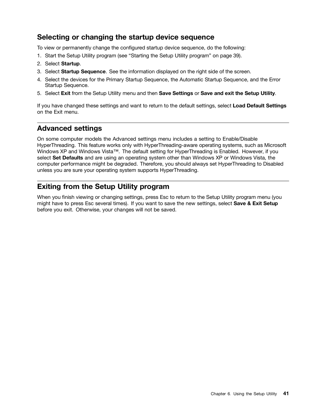 Lenovo 6393 Selecting or changing the startup device sequence, Advanced settings, Exiting from the Setup Utility program 