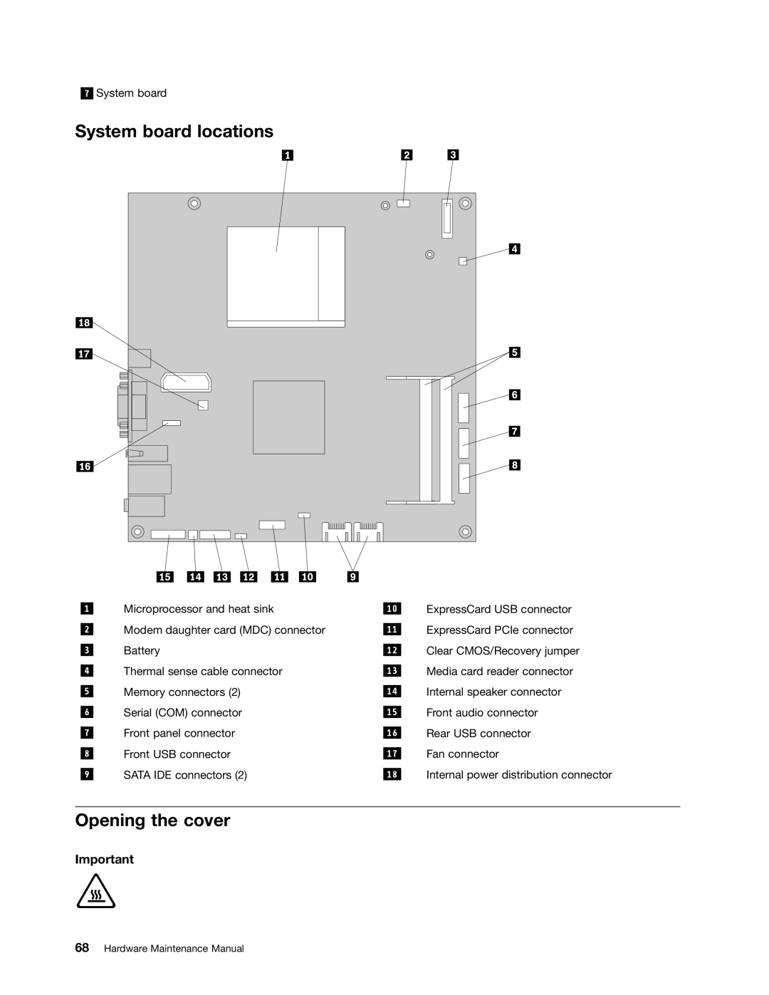 Lenovo 6396, 6395, 6394, 6393, 6397 manual System board locations, Opening the cover 