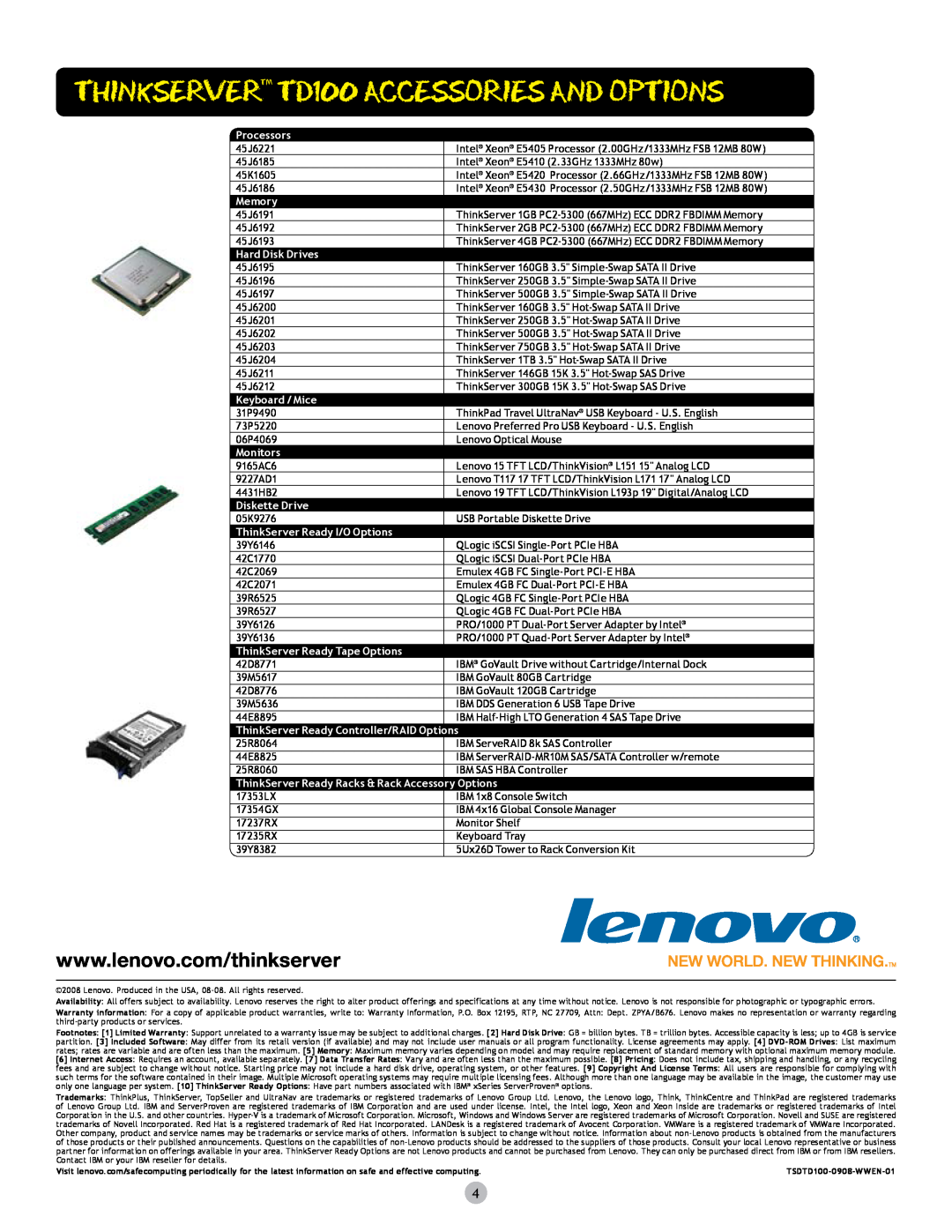 Lenovo 6429-16x, 6429-14x, 6399-14x, 6429-15x, 6399-13x manual ThinkServer TD100 accessories and options 