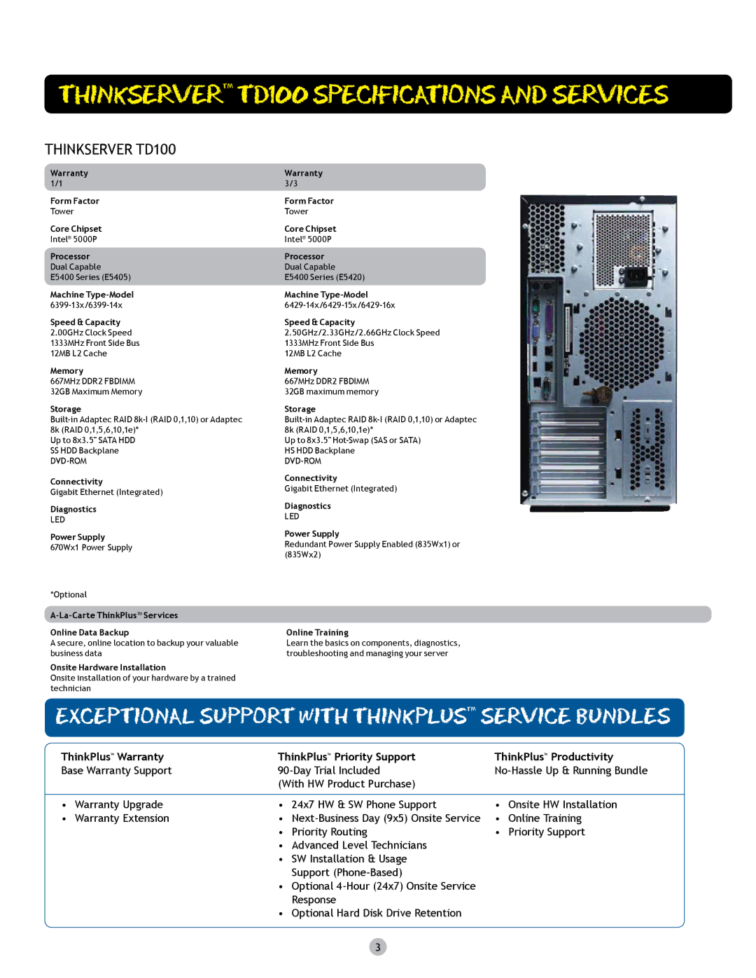 Lenovo 6399-13x, 6429-14x, 6399-14x, 6429-15x, 6429-16x manual Thinkserver TD100 specifications and services, ThinkSERVER TD100 