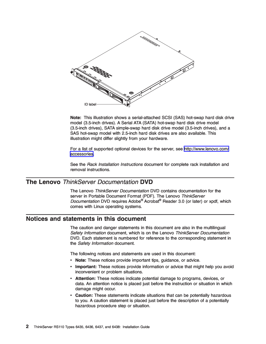Lenovo 6438, 6437, 6436, 6435 manual Notices and statements in this document, The Lenovo ThinkServer Documentation DVD 