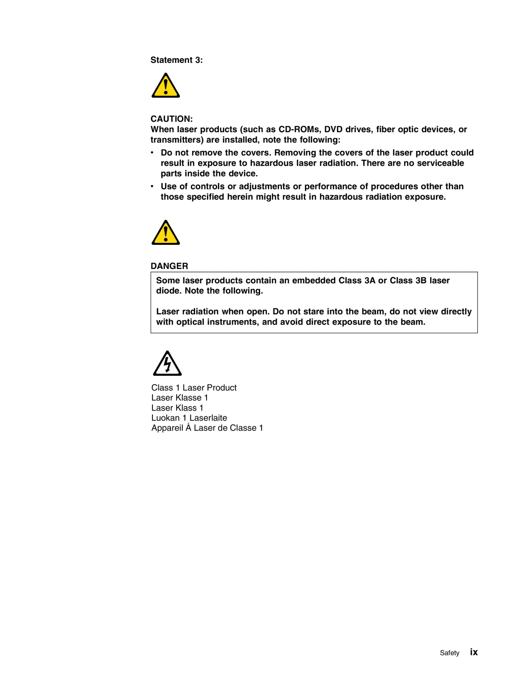 Lenovo 6435, 6438, 6437, 6436 manual Danger, Statement, Class 1 Laser Product Laser Klasse Laser Klass Luokan 1 Laserlaite ` 