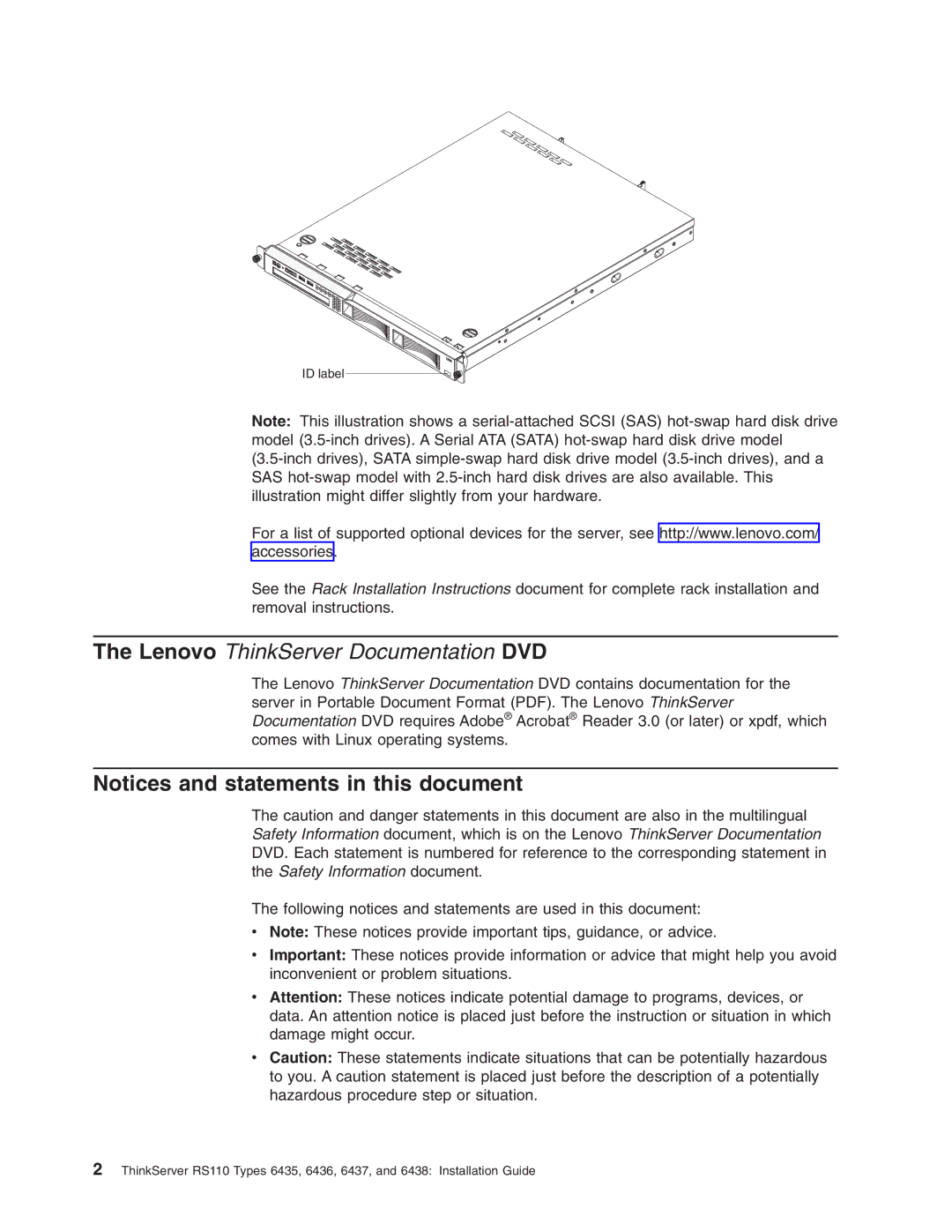 Lenovo 6438, 6437, 6436, 6435 manual Lenovo ThinkServer Documentation DVD 