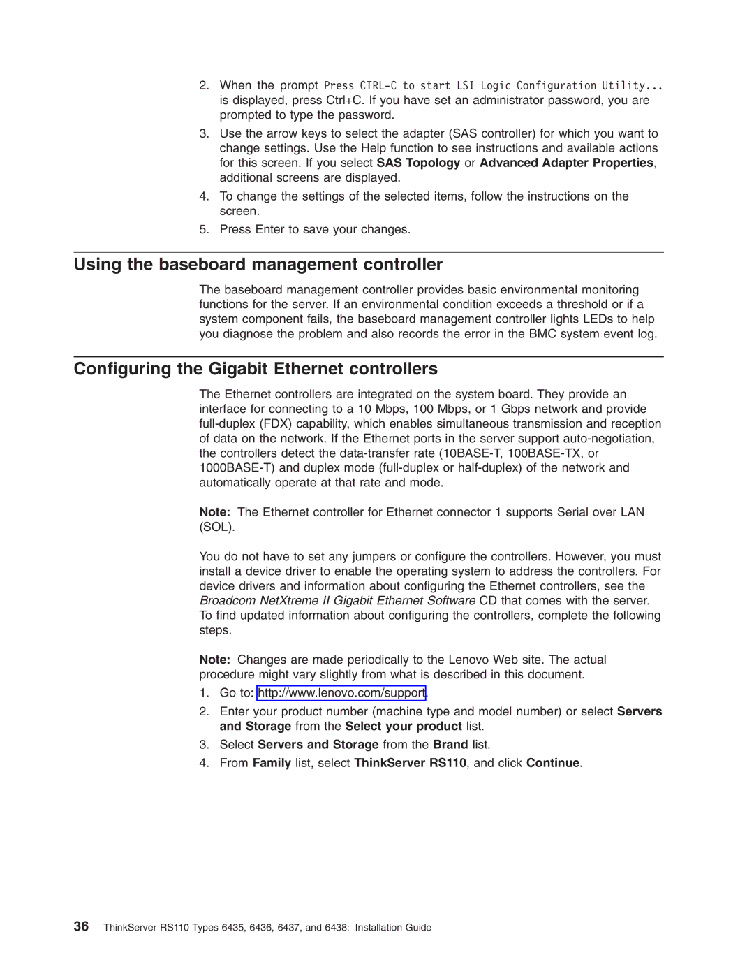 Lenovo 6436, 6438, 6437, 6435 manual Using the baseboard management controller, Configuring the Gigabit Ethernet controllers 