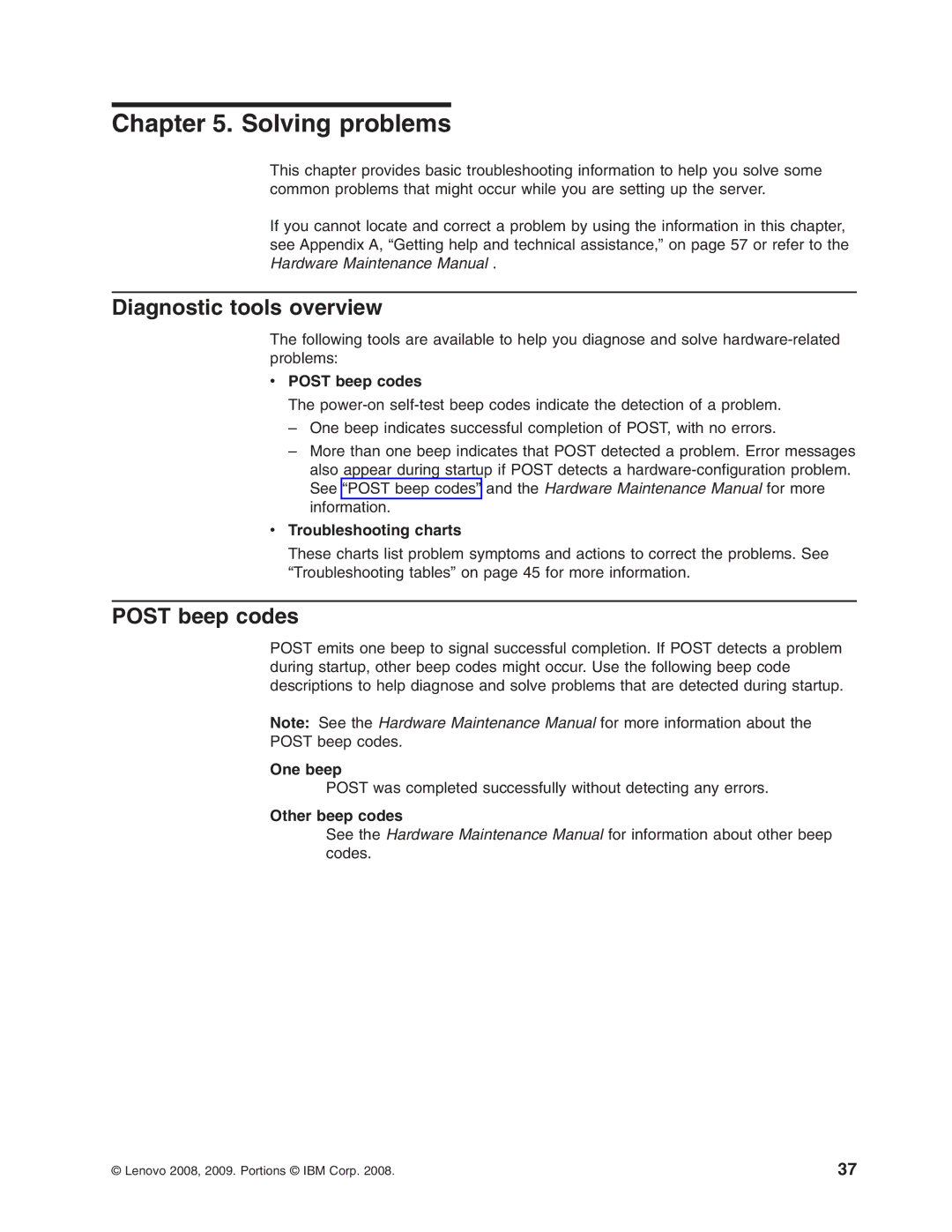 Lenovo 6435, 6438, 6437, 6436 manual Solving problems, Diagnostic tools overview, Post beep codes 