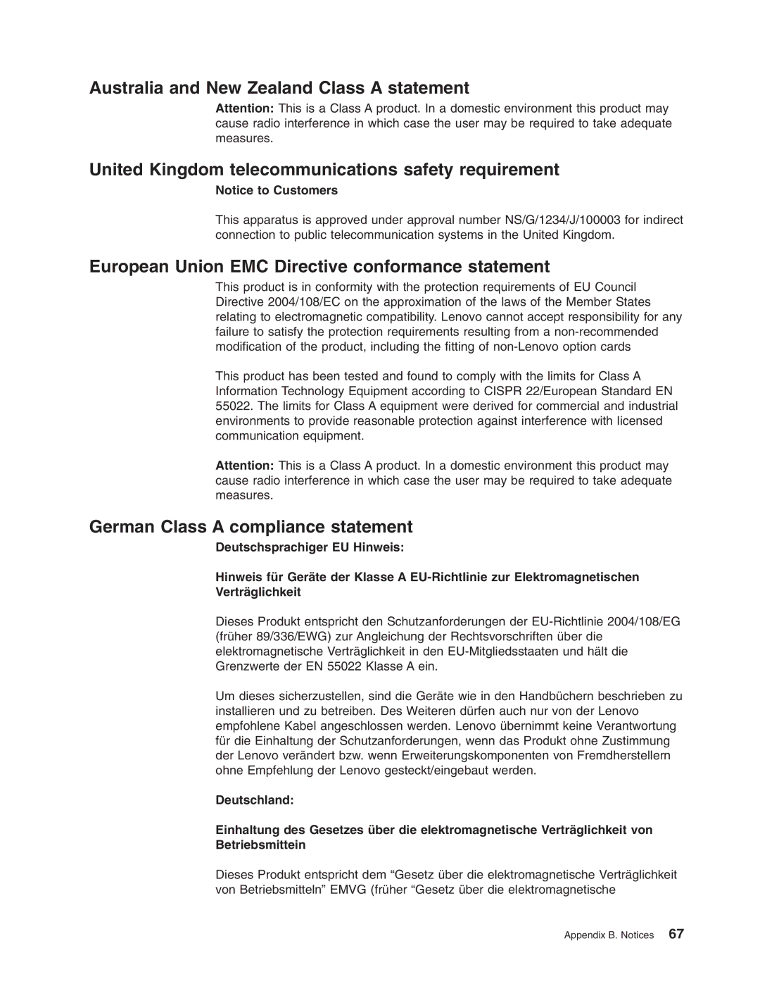 Lenovo 6437, 6438, 6436, 6435 manual European Union EMC Directive conformance statement, German Class a compliance statement 