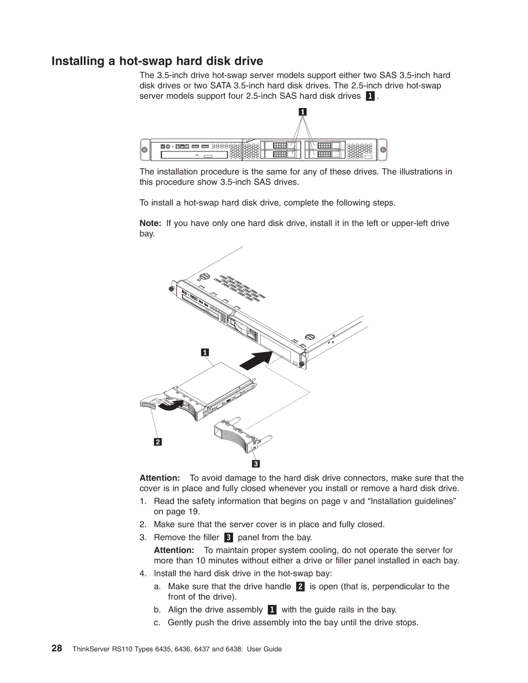 Lenovo 6436, 6438, 6437, 6435 manual Installing a hot-swap hard disk drive 