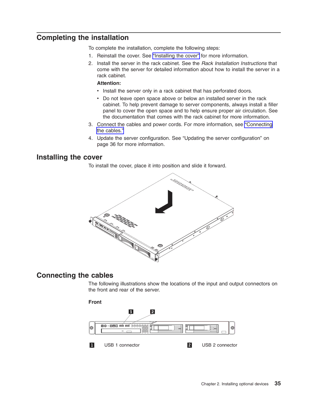 Lenovo 6437, 6438, 6436, 6435 manual Completing the installation, Installing the cover, Connecting the cables, Front 