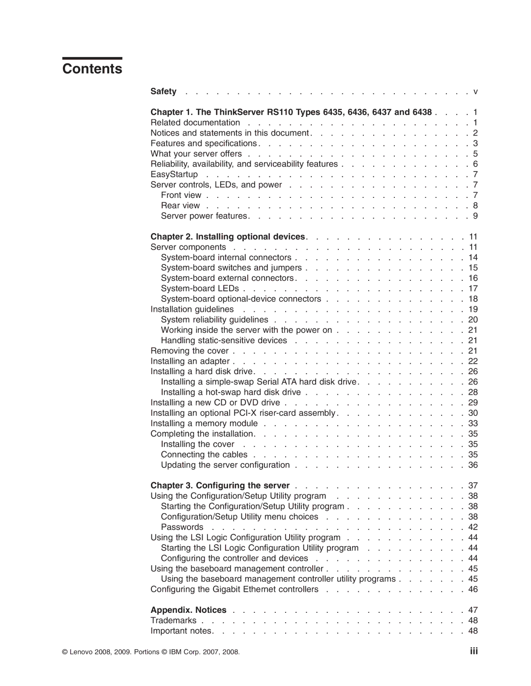 Lenovo 6437, 6438, 6436, 6435 manual Contents 