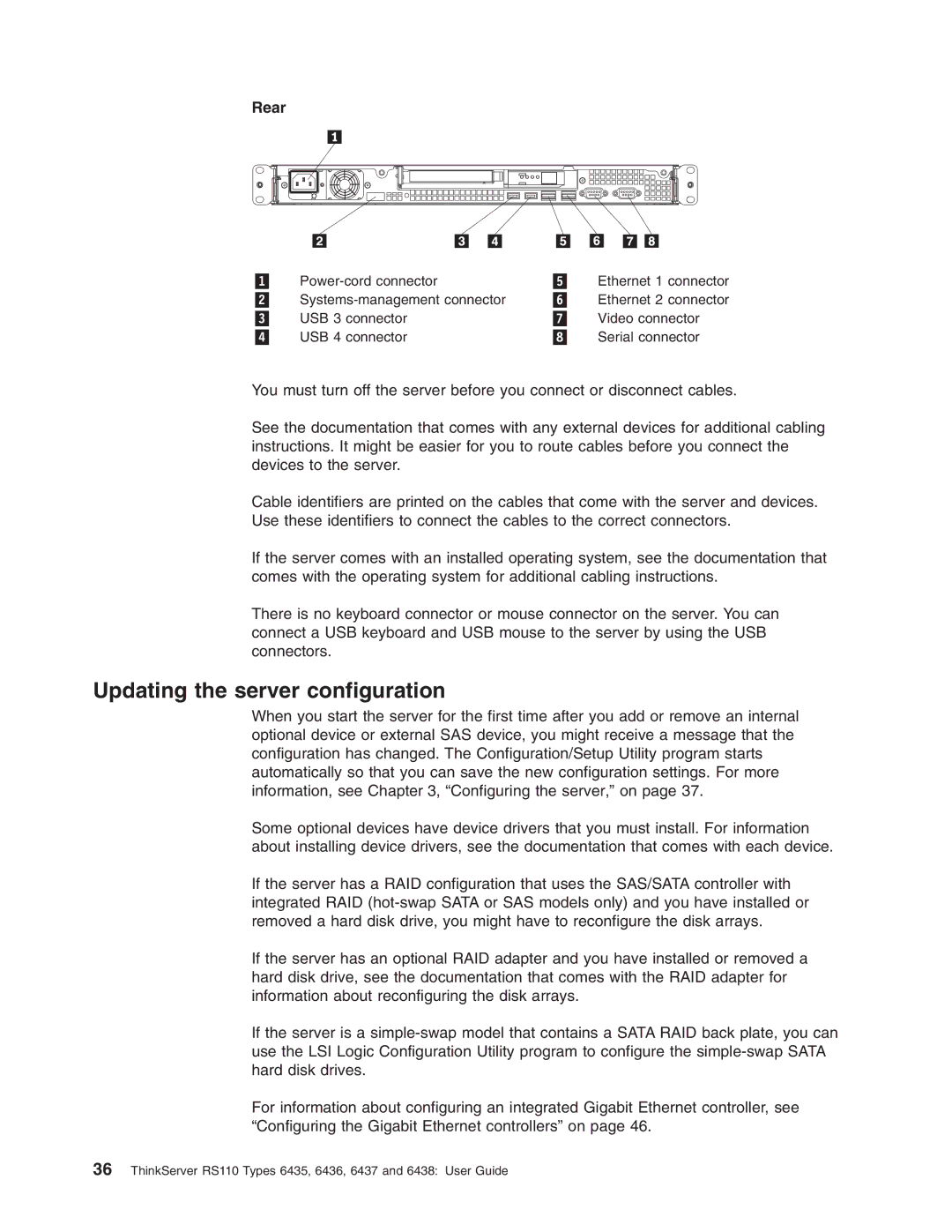 Lenovo 6436, 6438, 6437, 6435 manual Updating the server configuration, Rear 