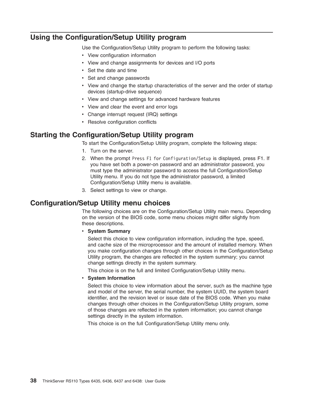 Lenovo 6438, 6437, 6436 Using the Configuration/Setup Utility program, Starting the Configuration/Setup Utility program 