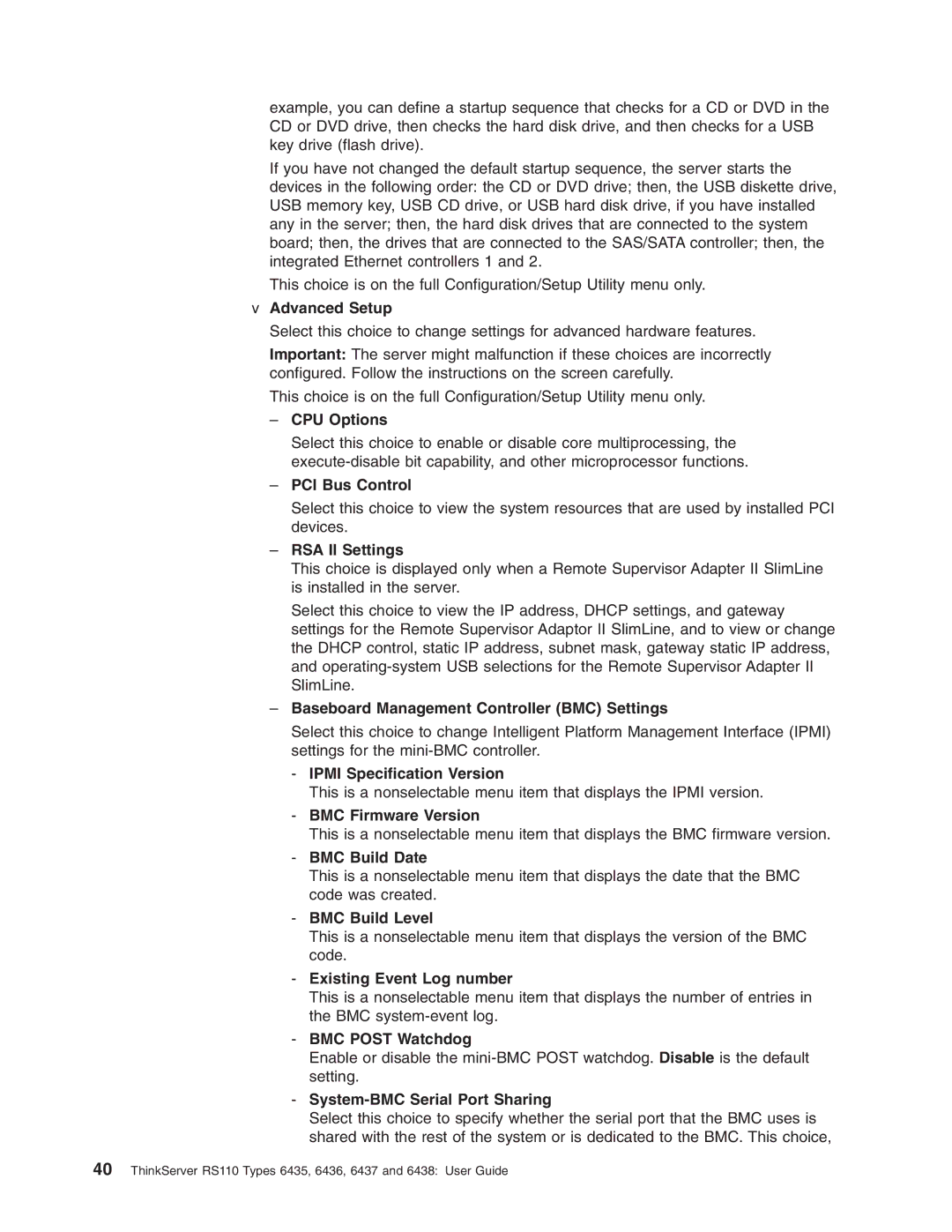 Lenovo 6436 Advanced Setup, CPU Options, PCI Bus Control, RSA II Settings, Baseboard Management Controller BMC Settings 