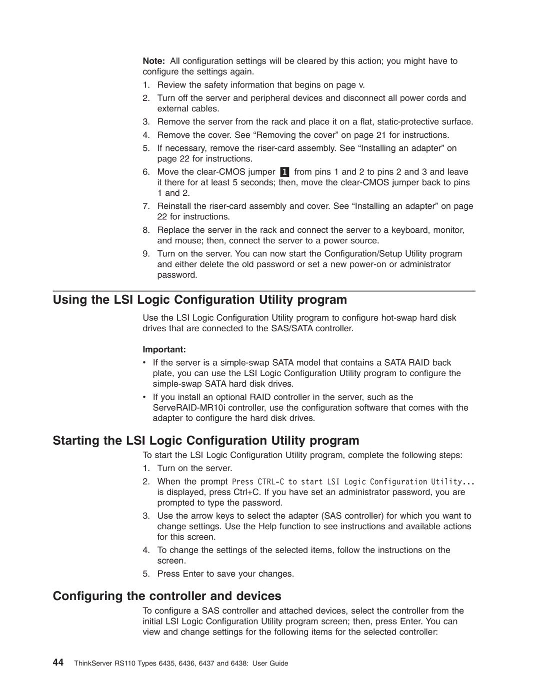 Lenovo 6436, 6438 Using the LSI Logic Configuration Utility program, Starting the LSI Logic Configuration Utility program 