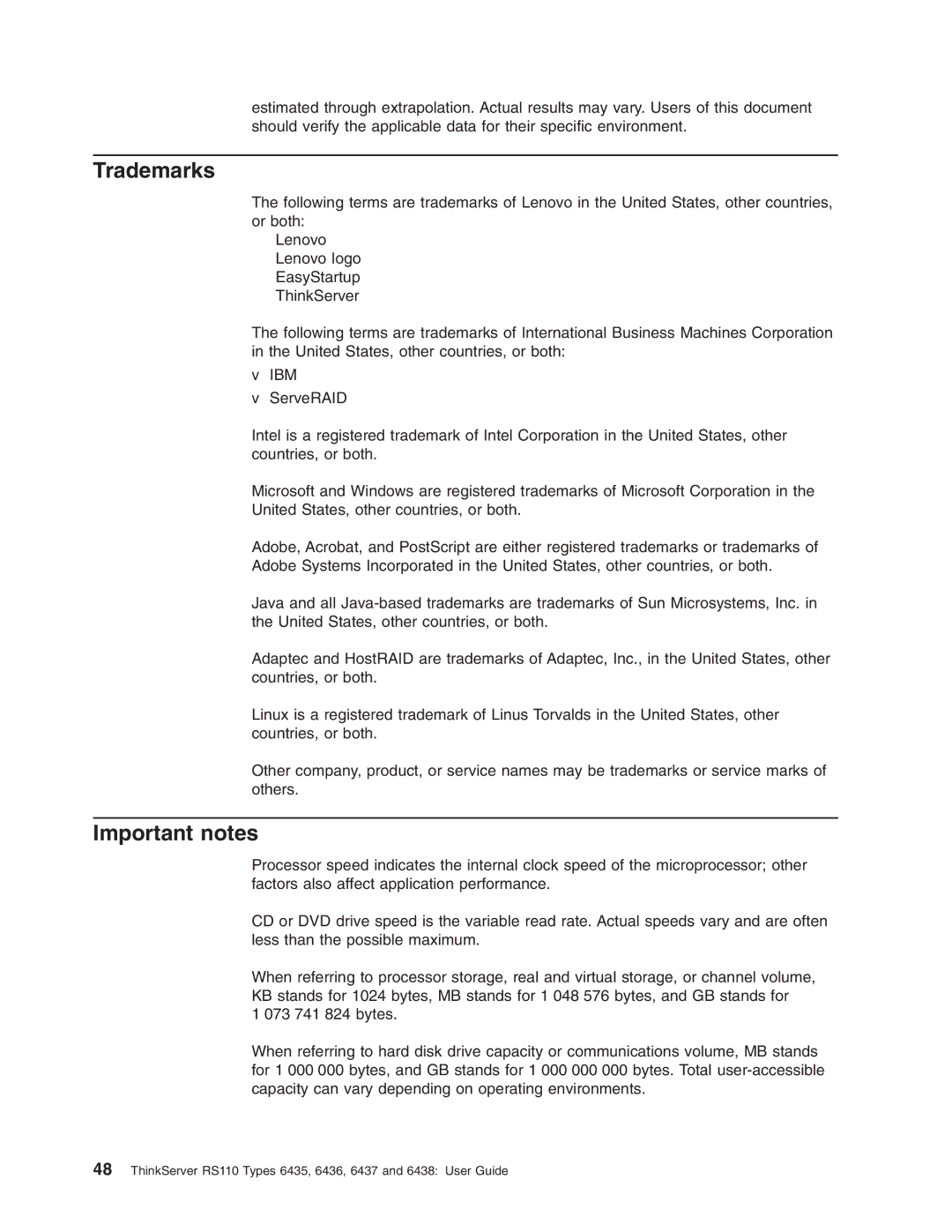 Lenovo 6436, 6438, 6437, 6435 manual Trademarks, Important notes 