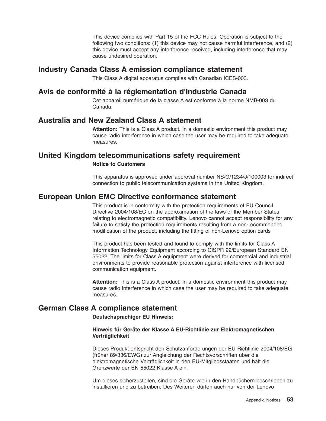 Lenovo 6435 Industry Canada Class a emission compliance statement, European Union EMC Directive conformance statement 