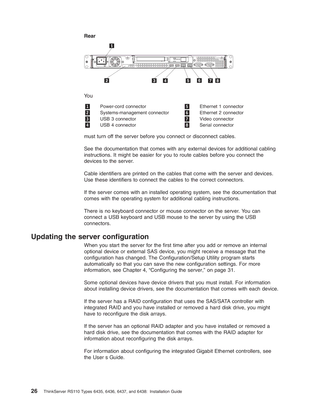 Lenovo 6438, 6437, 6436, 6435 manual Updating the server configuration, Rear 