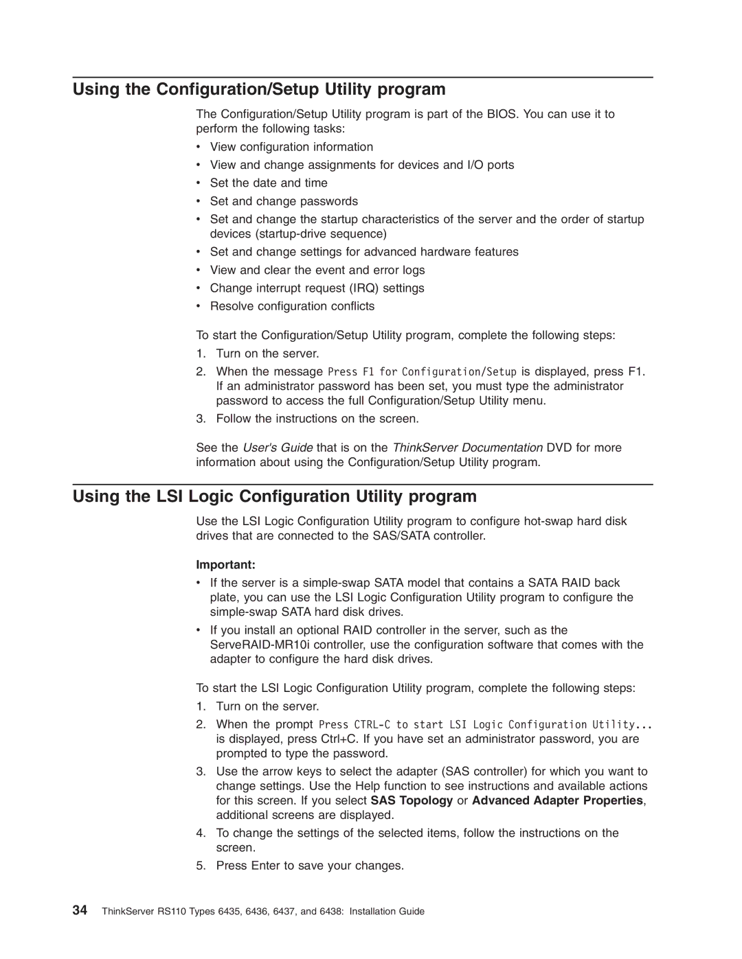 Lenovo 6438, 6437, 6436 Using the Configuration/Setup Utility program, Using the LSI Logic Configuration Utility program 