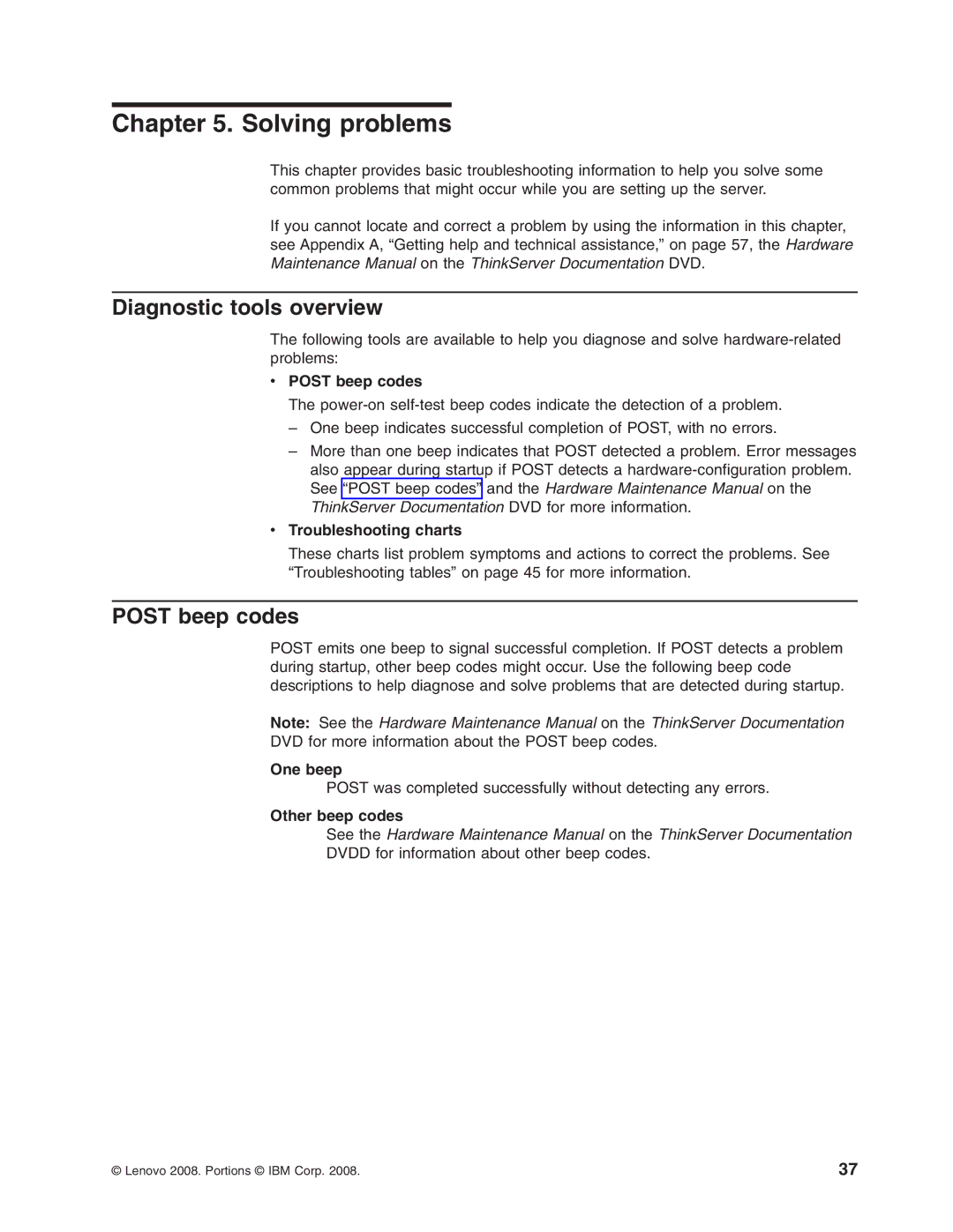 Lenovo 6435, 6438, 6437, 6436 manual Solving problems, Diagnostic tools overview, Post beep codes 