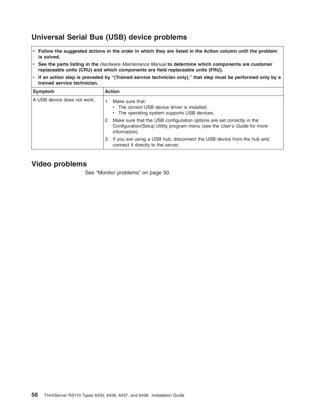 Lenovo 6436, 6438, 6437, 6435 manual Universal Serial Bus USB device problems, Video problems 