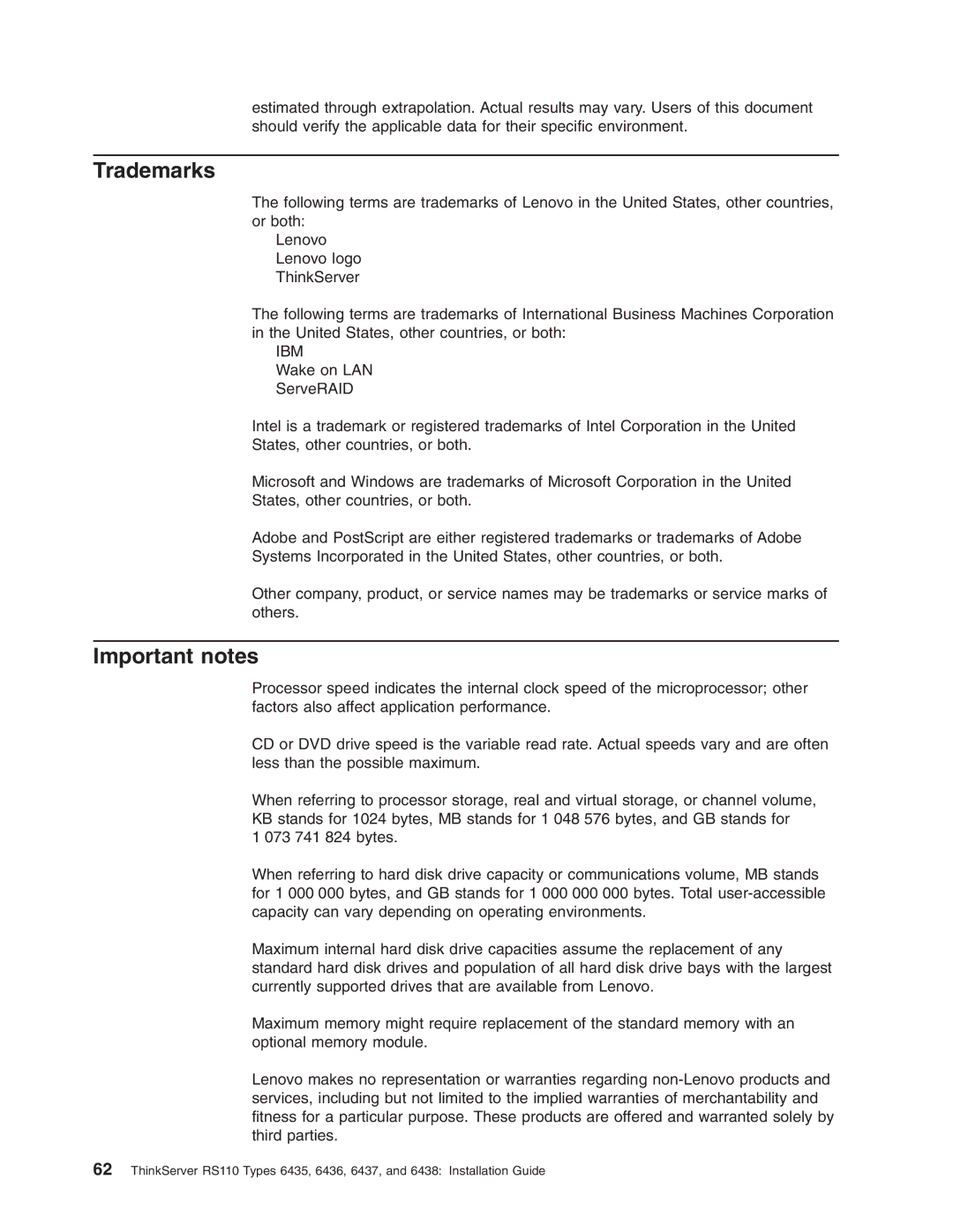 Lenovo 6438, 6437, 6436, 6435 manual Trademarks, Important notes 