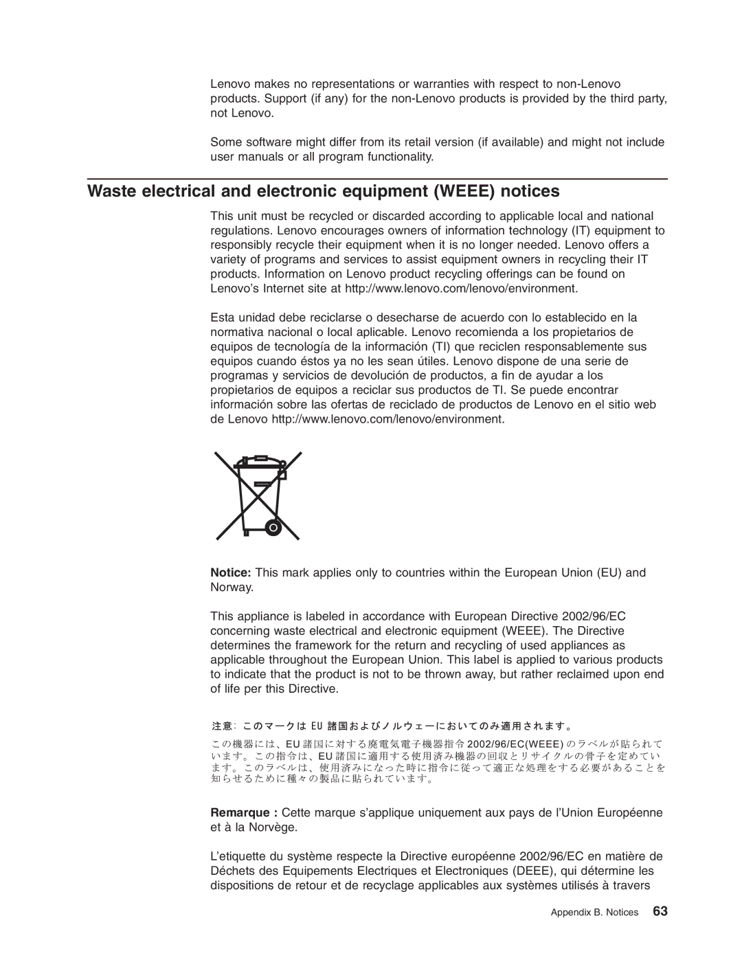 Lenovo 6437, 6438, 6436, 6435 manual Waste electrical and electronic equipment Weee notices 