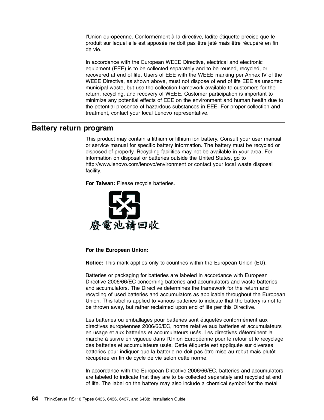 Lenovo 6436, 6438, 6437, 6435 manual Battery return program, For the European Union 