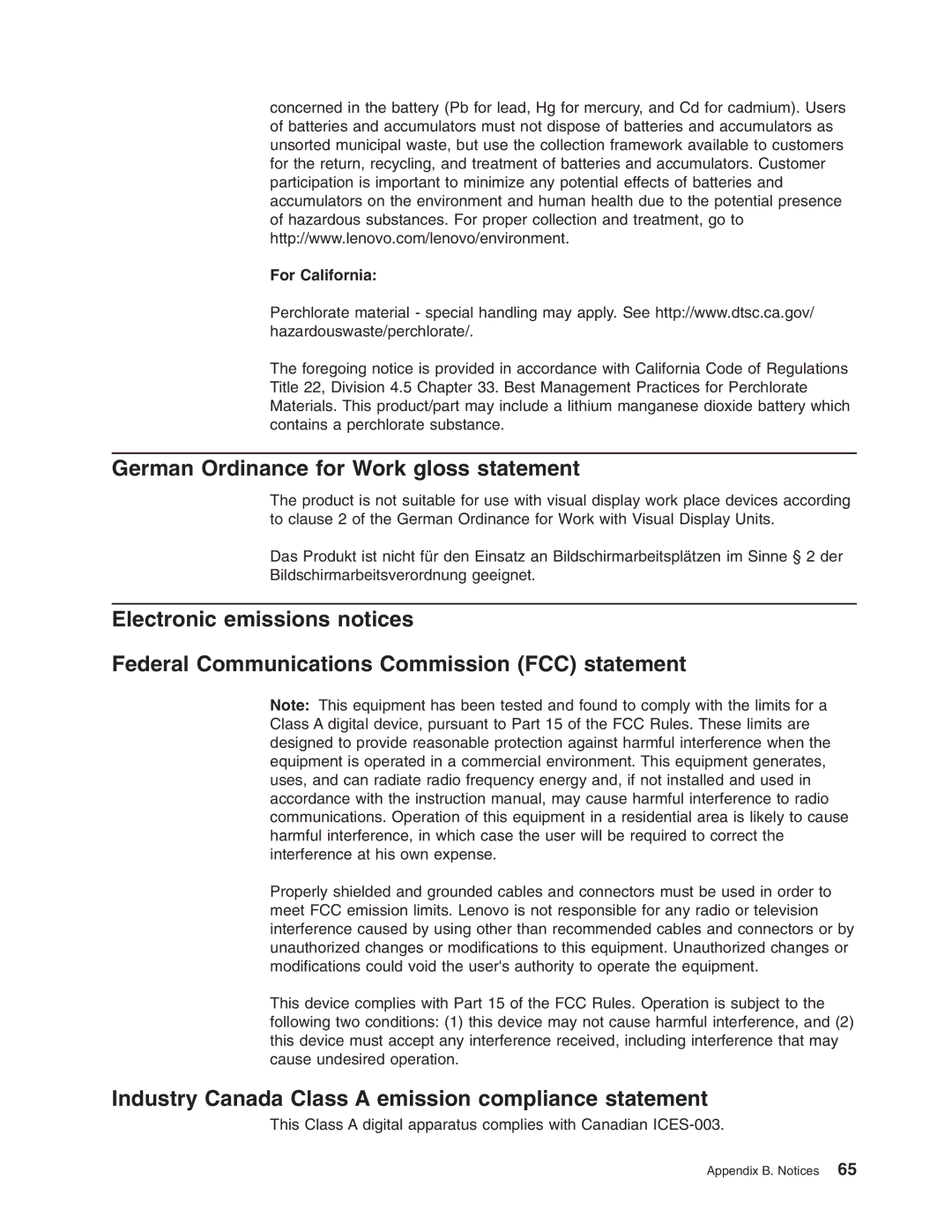 Lenovo 6435, 6438, 6437 German Ordinance for Work gloss statement, Industry Canada Class a emission compliance statement 