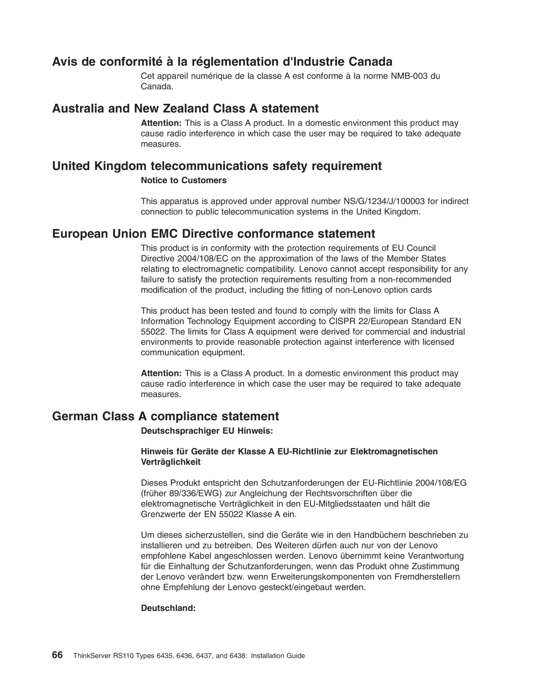 Lenovo 6438 Avis de conformité à la réglementation dIndustrie Canada, European Union EMC Directive conformance statement 