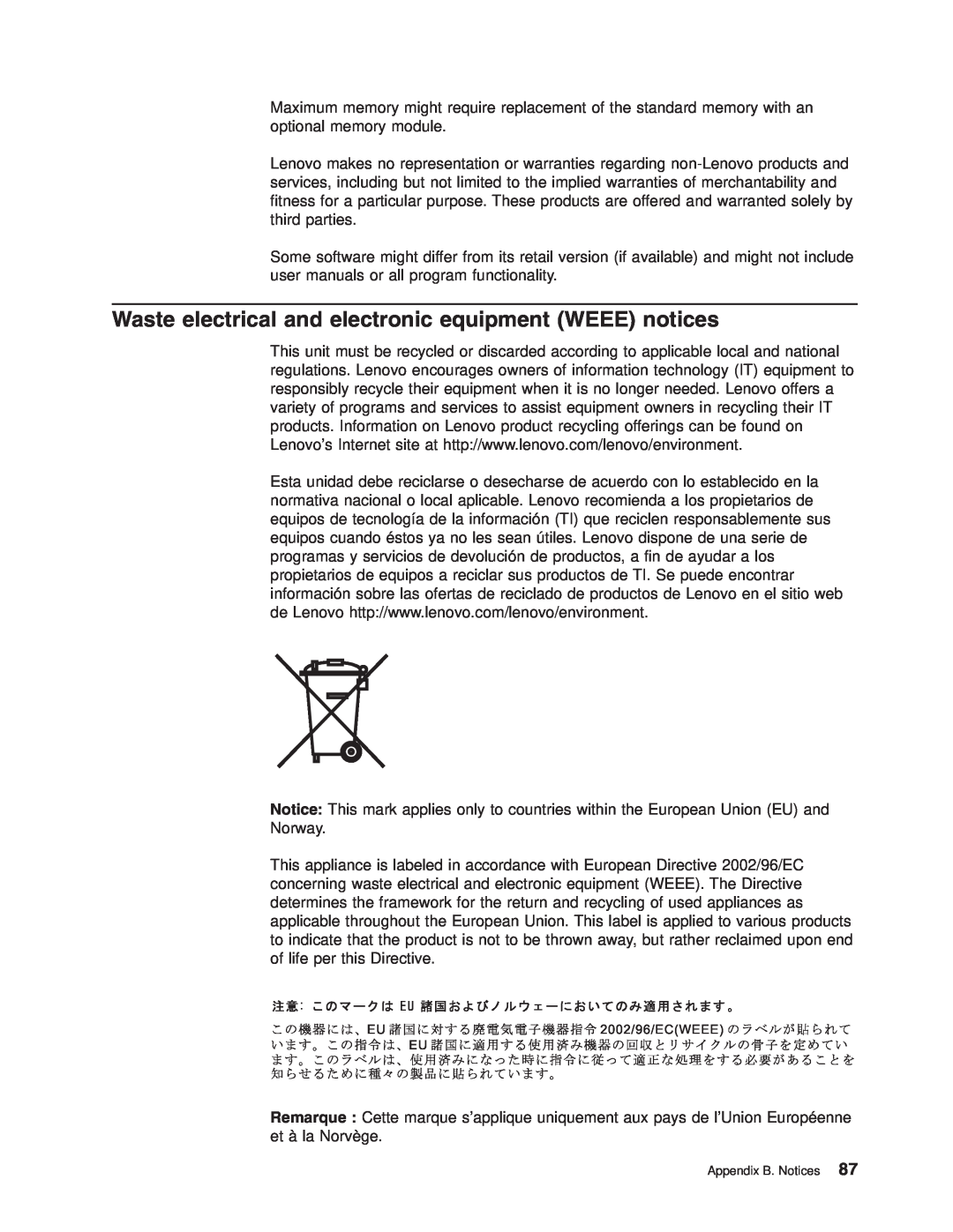 Lenovo 6446, 6447, 6445, 6444 manual Waste electrical and electronic equipment WEEE notices, Appendix B. Notices 