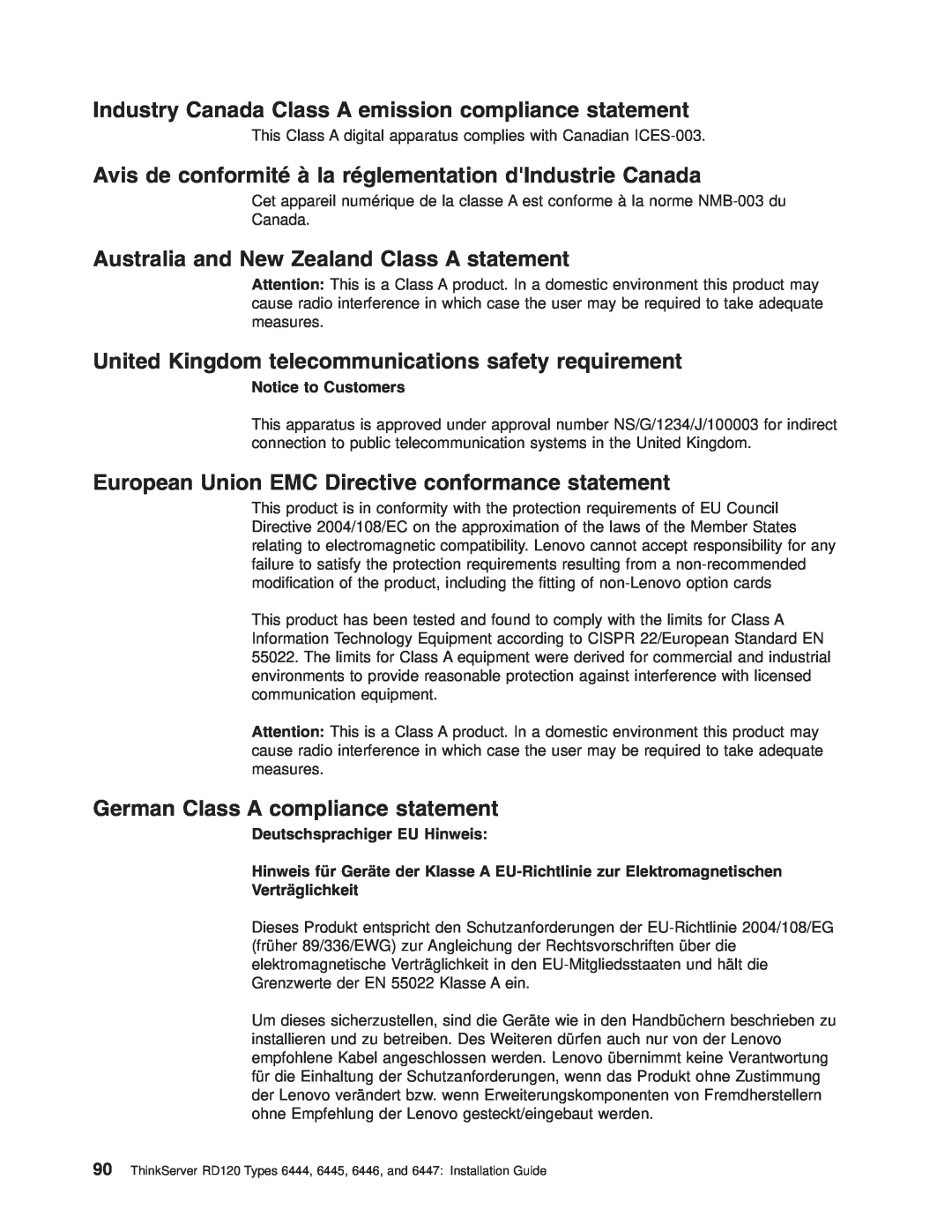 Lenovo 6447, 6446, 6445 Industry Canada Class A emission compliance statement, Australia and New Zealand Class A statement 