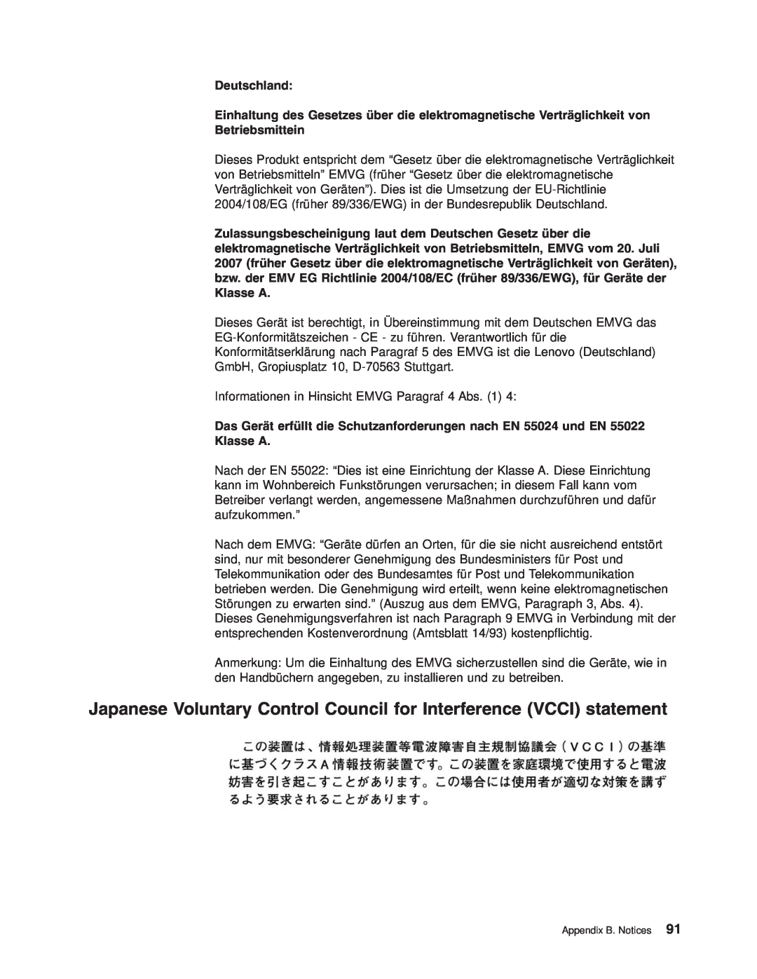 Lenovo 6446 Japanese Voluntary Control Council for Interference VCCI statement, Deutschland, Betriebsmittein, Klasse A 